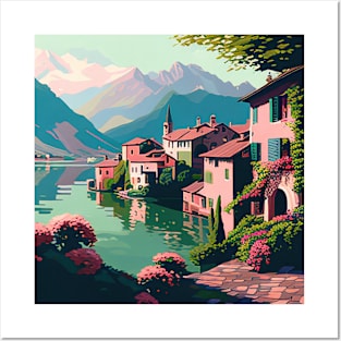 Pastel Mountain Lake Town Posters and Art